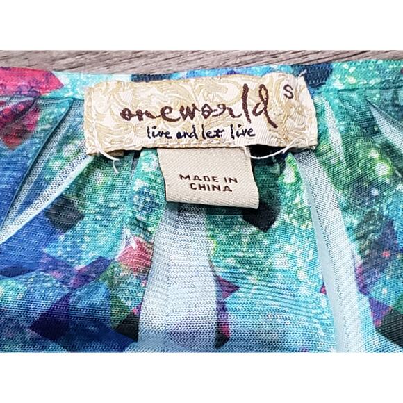 One World Live & Let Live Tie Dye Multi Color Short Sleeve V Neck Blouse Shirt - Picture 3 of 7